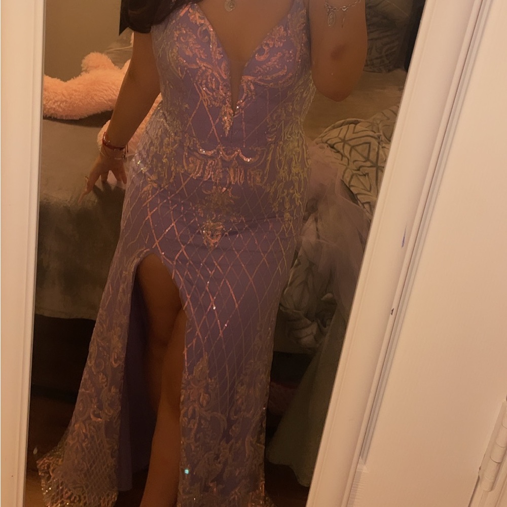formal purple mermaid style sequin dress cross back low v small train dress - Picture 8 of 10